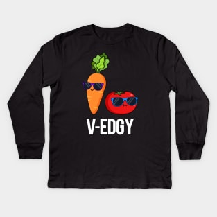 V-Edgy Cute Veggie Pun features a cool carrot and tomato looking edgy in their sunglasses Kids Long Sleeve T-Shirt